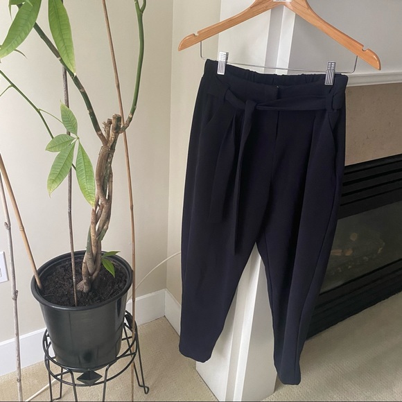 ASOS Dark Navy High Waisted Tie Waist Paperbag Pants - Picture 7 of 7